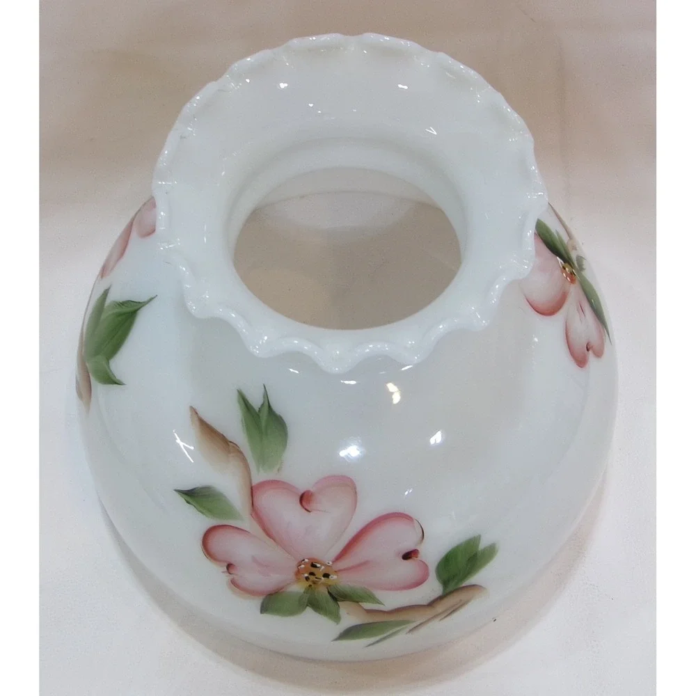 Vintage Milk Glass Ruffled Dogwood Hand Painted Hurricane Lamp Shade